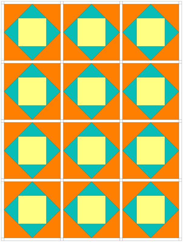 An economy patch quilt block coloured in yellow, teal, and orange with a blank PDF to download, personalize, and cut out. 