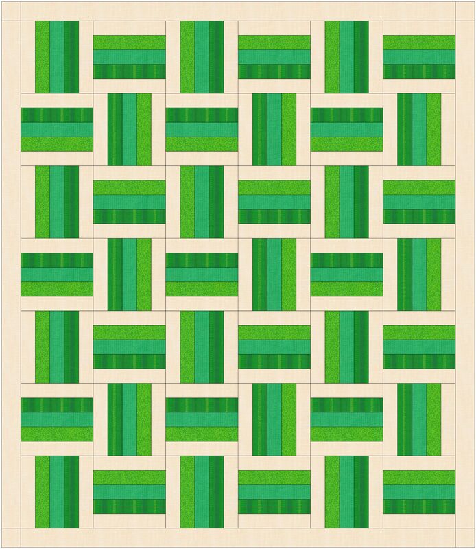 A rail fence quilt pattern in greens using the weave optical illusion. 