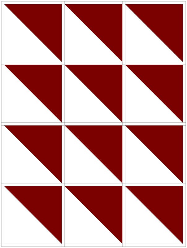 A red and white half square triangle quilt block. There is also a black and white printable that can be coloured and cut out to form your own quilt. 